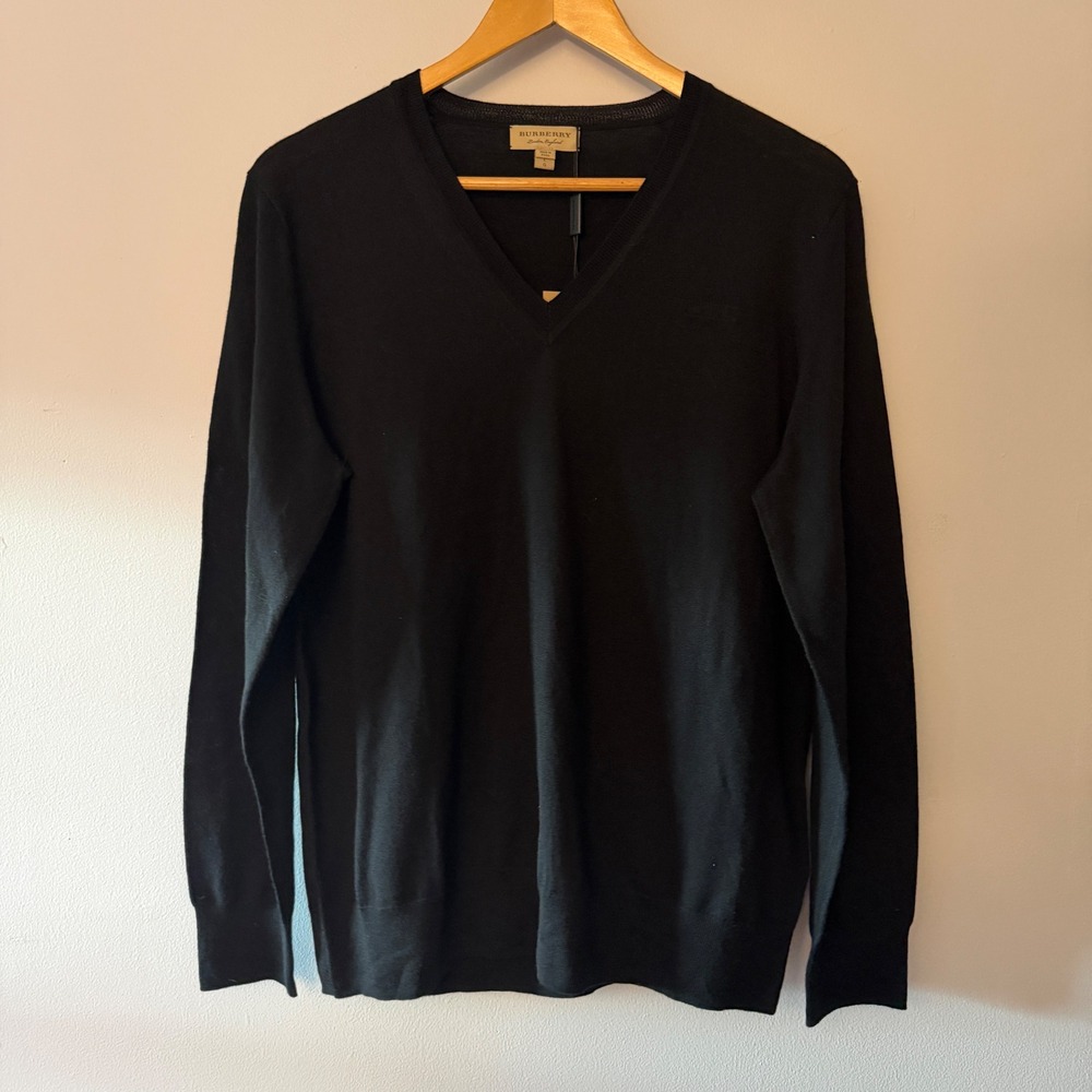 Burberry London England Mens Black Extra Fine Merino Wool V-Neck Sweater 4030565
